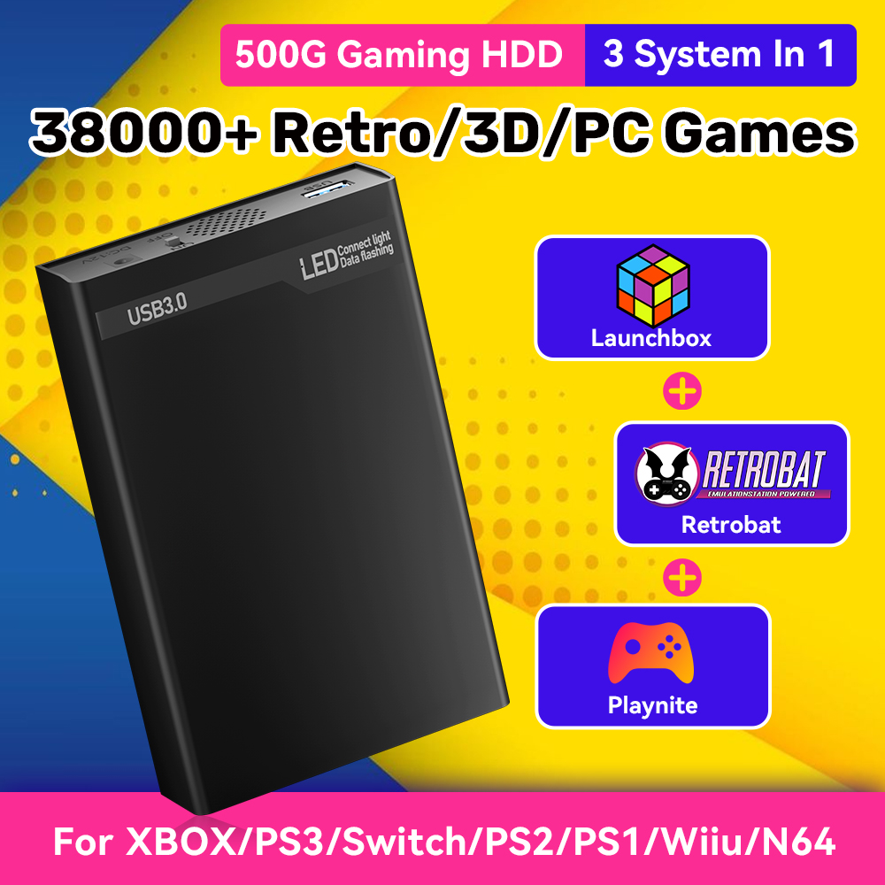Retro Gaming Xbox - Mix500G ポータブルゲームハードドライブ N64/PS3/PS2/Switch/PS1/Xbox/DC対応 外付けゲームHDD 38293レトロゲーム搭載 Win